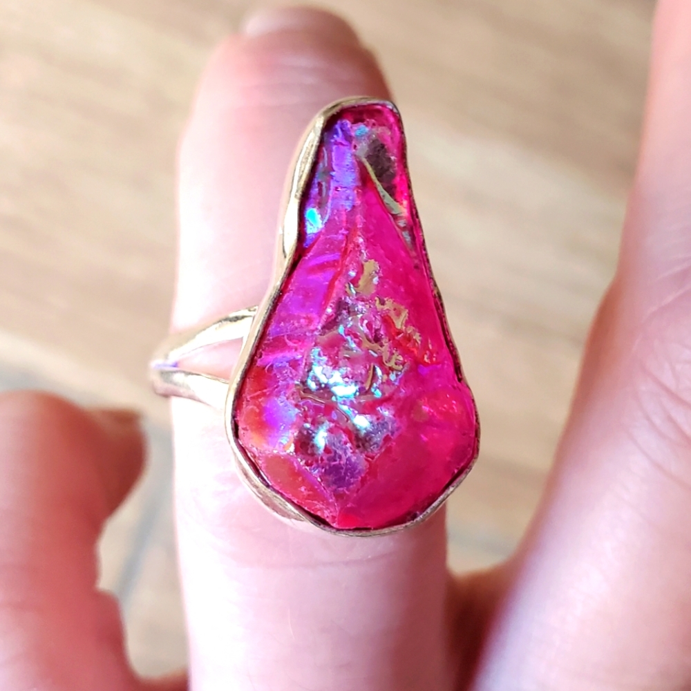 New Pink Titanium Crystal Quartz 925 Silver Ring.